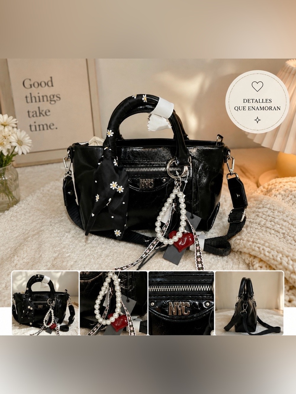 Chic Black Patent Shoulder Satchel with Pearl & Charm Accents